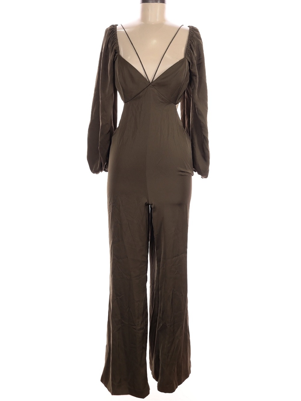 Sachin & Babi Olive Brown Satin Balloon Sleeve Cutout Wide Leg Jumpsuit Size 6